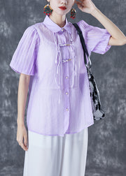 Purple Oriental Silk Blouses Tassel Chinese Button Lantern Sleeve