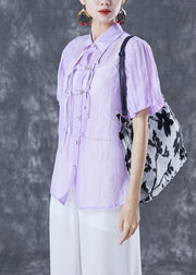 Purple Oriental Silk Blouses Tassel Chinese Button Lantern Sleeve
