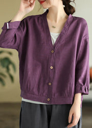 Purple Oversized Linen Blouse Tops V Neck Button Spring