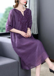 Purple Oversized Linen Silk Dress V Neck Embroidered Summer