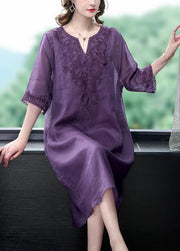 Purple Oversized Linen Silk Dress V Neck Embroidered Summer