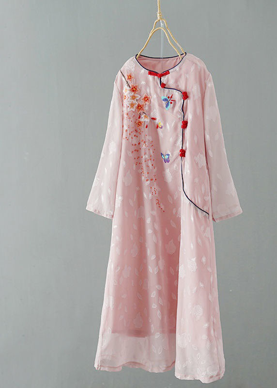 Purple Patchwork Chiffon Dresses Embroidered Chinese Button Spring
