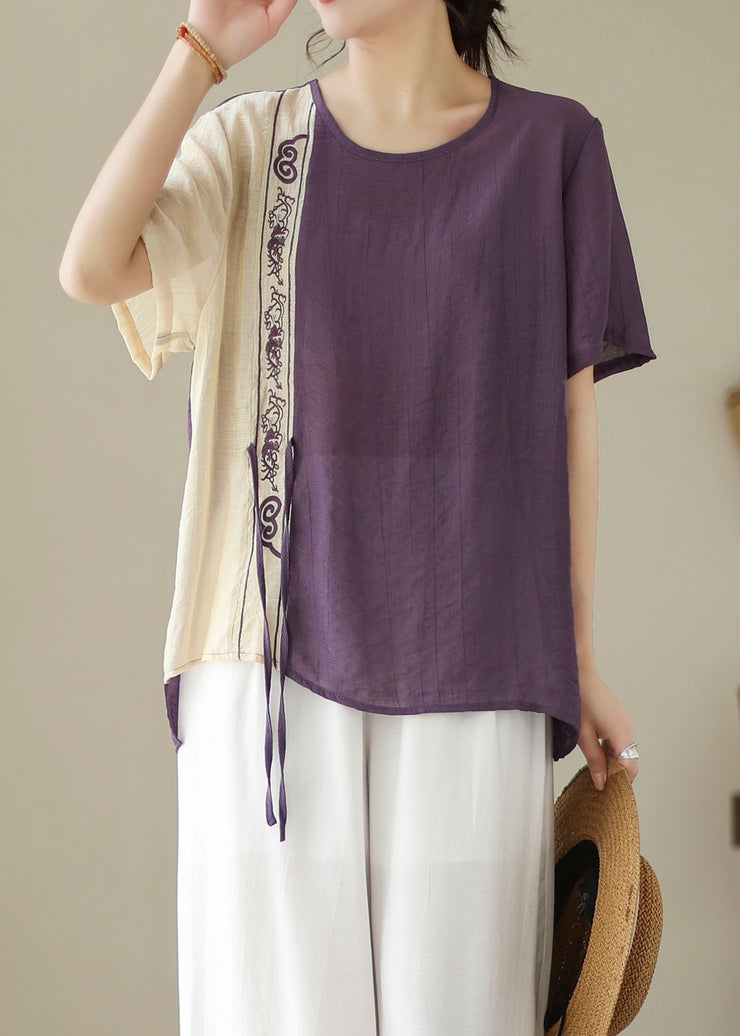 Purple Patchwork Cotton Blouses Embroidered Lace Up Summer