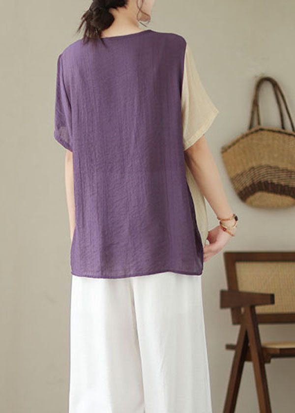 Purple Patchwork Cotton Blouses Embroidered Lace Up Summer