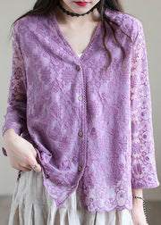 Purple Patchwork Cotton Loose Cardigans Hollow Out Long Sleeve