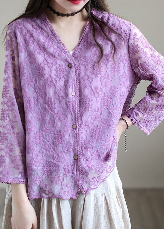 Purple Patchwork Cotton Loose Cardigans Hollow Out Long Sleeve