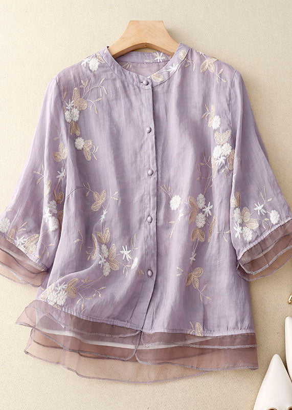Purple Patchwork Cotton Shirt Tops Stand Collar Embroidered Summer