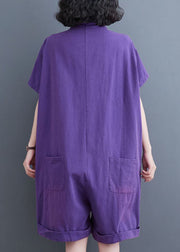 Purple Patchwork Denim Shorts Jumpsuits Peter Pan Collar Summer