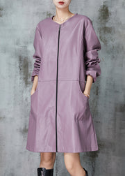 Purple Patchwork Faux Leather Trench O-Neck Spring