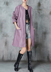 Purple Patchwork Faux Leather Trench O-Neck Spring