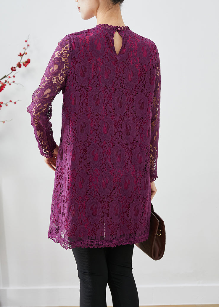 Purple Patchwork Lace Shirts Hollow Out Fall