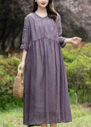 Purple Patchwork Linen Dress V Neck Embroidered Wrinkled Summer