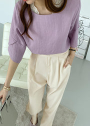 Purple Patchwork Linen Shirt Top Ruffles Slim Fit Summer