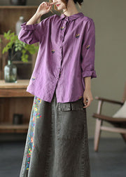 Purple Patchwork Linen Shirts Peter Pan Collar Embroidered Spring