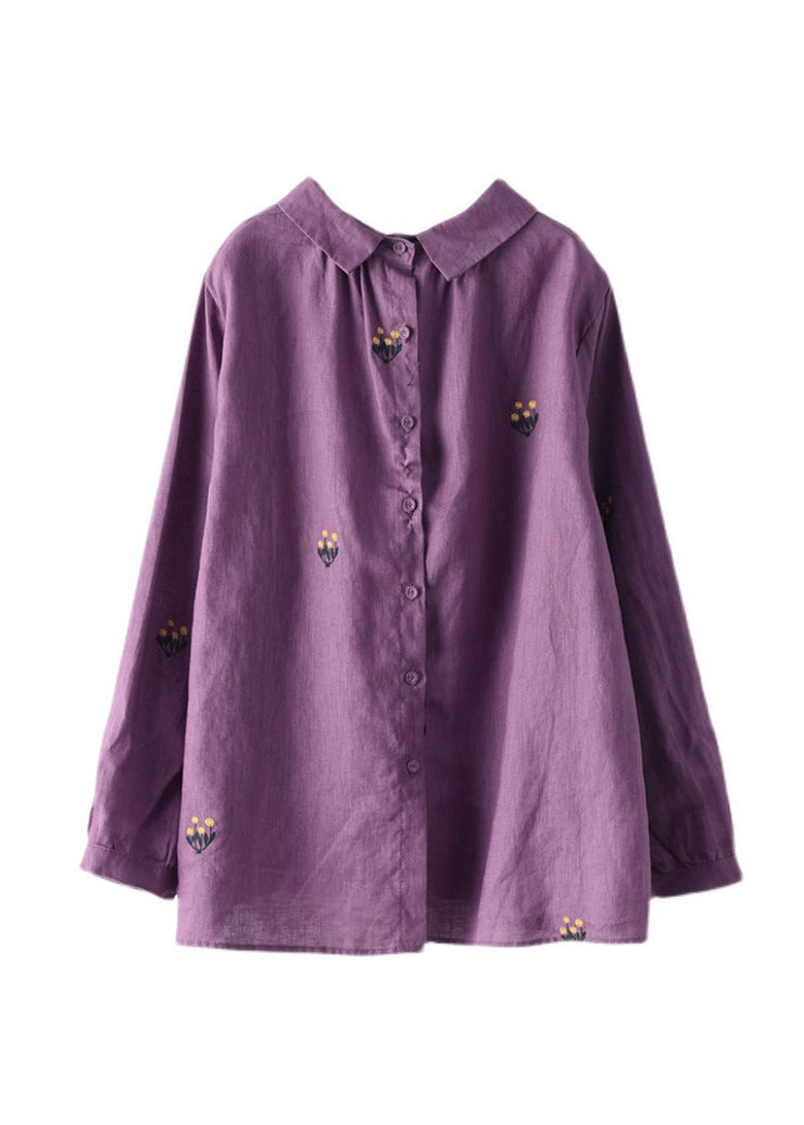 Purple Patchwork Linen Shirts Peter Pan Collar Embroidered Spring