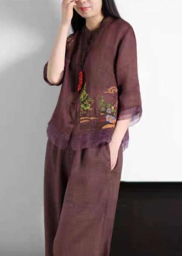 Purple Patchwork Linen Tops Embroidered Button Stand Collar Summer