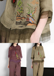 Purple Patchwork Linen Tops Embroidered Button Stand Collar Summer