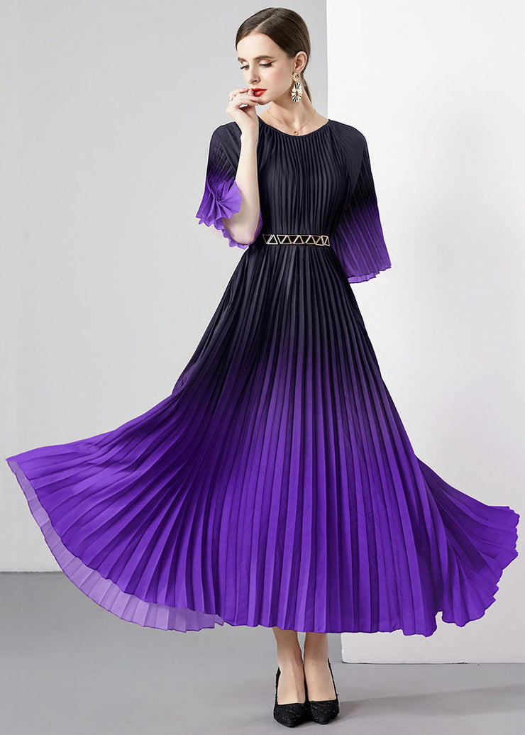 Purple Patchwork Loose Chiffon Long Dress Wrinkled O Neck Summer