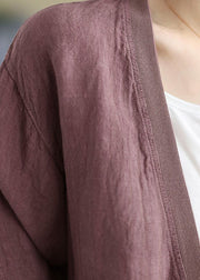 Purple Patchwork Pockets Linen Loose Coats V Neck Spring