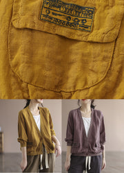 Purple Patchwork Pockets Linen Loose Coats V Neck Spring
