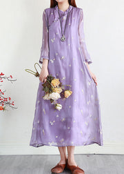 Purple Patchwork Silk Dresses Embroidered Stand Collar Summer