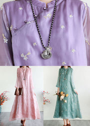 Purple Patchwork Silk Dresses Embroidered Stand Collar Summer