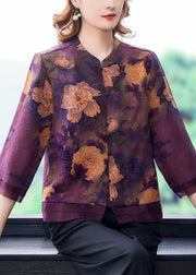 Purple Patchwork Silk Shirt Top Stand Collar Print Bracelet Sleeve