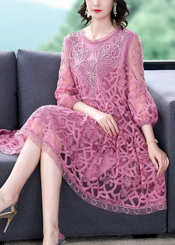Purple Patchwork Tulle Dress Embroidered O-Neck Summer