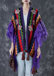 Purple Patchwork Tulle Knit Shawl Tasseled Ruffles Spring