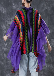 Purple Patchwork Tulle Knit Shawl Tasseled Ruffles Spring