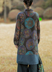 Purple Patchwork Warm Fleece Long Coats Stand Collar Print Winter