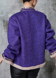 Purple Patchwork Warm Fleece Oriental Coat Mandarin Collar Spring