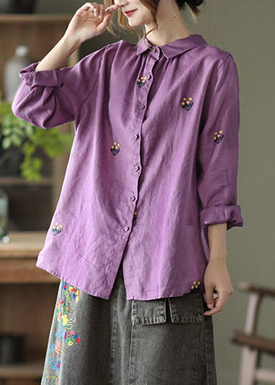 Purple Peter Pan Collar Button Linen Shirt Long Sleeve