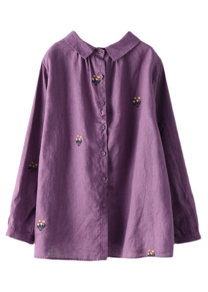 Purple Peter Pan Collar Button Linen Shirt Long Sleeve