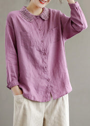 Purple Peter Pan Collar Button Linen Shirts Long Sleeve