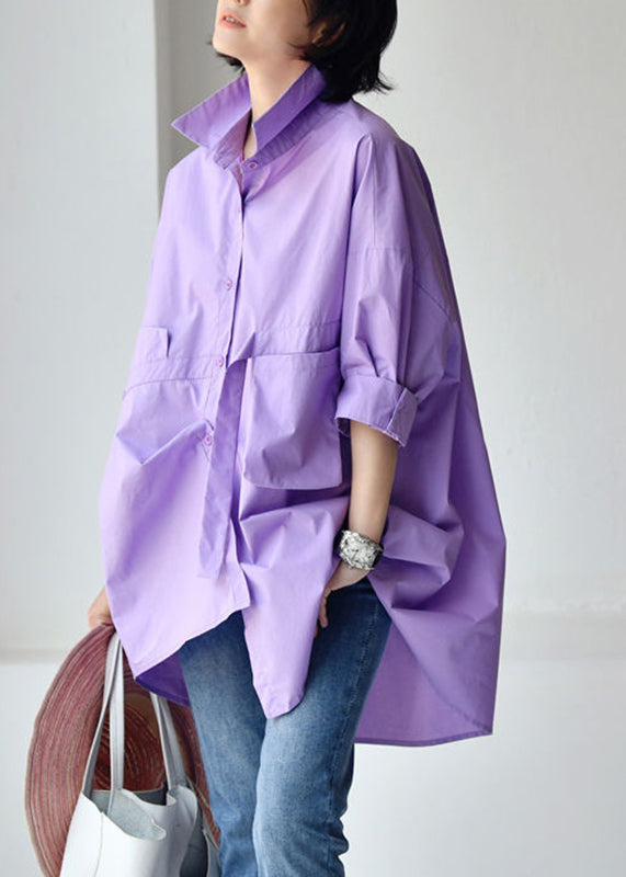 Pink Crane Peter Pan Collar Low High Design Cotton Shirt Long Sleeve