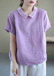 Purple Peter Pan Collar Ramie Top Short Sleeve