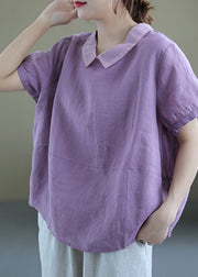 Purple Peter Pan Collar Ramie Top Short Sleeve