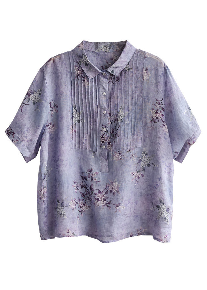 Purple Peter Pan Collar Wrinkled Button Linen Shirts Short Sleeve