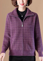 Purple Plaid Mink Hair Knitted Coats Zip Up Pockets Thick Long Sleeve