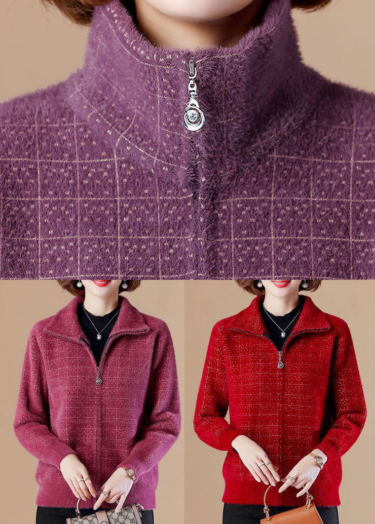 Purple Plaid Mink Hair Knitted Coats Zip Up Pockets Thick Long Sleeve
