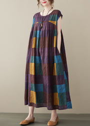 Purple Plaid Patchwork Linen Ankle Dress wrinkled Short Sleeve