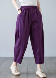 Purple Pockets Elastic Waist Solid Harem Pants