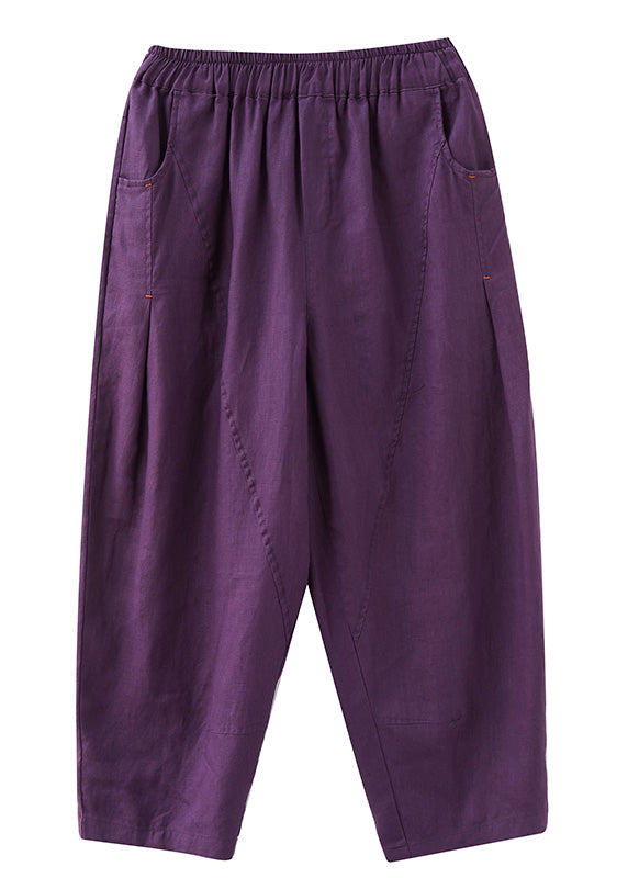 Purple Pockets Elastic Waist Solid Harem Pants