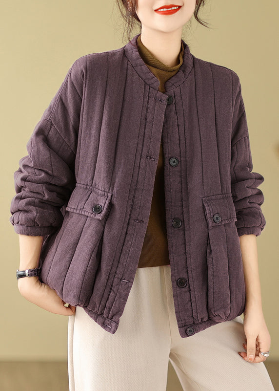 Purple Pockets Fine Cotton Filled Jackets Stand Collar Winter