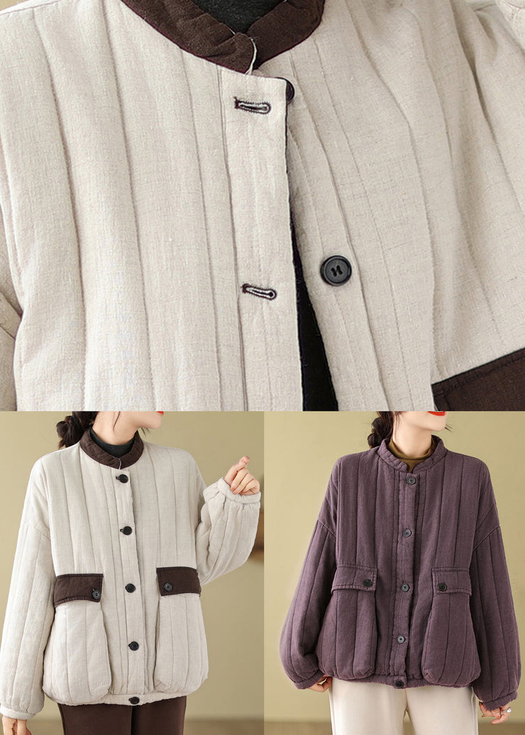 Purple Pockets Fine Cotton Filled Jackets Stand Collar Winter