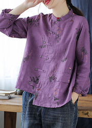 Purple Pockets Linen Shirt Top Asymmetrical Long Sleeve