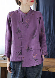 Purple Pockets Linen Shirt Top Asymmetrical Long Sleeve
