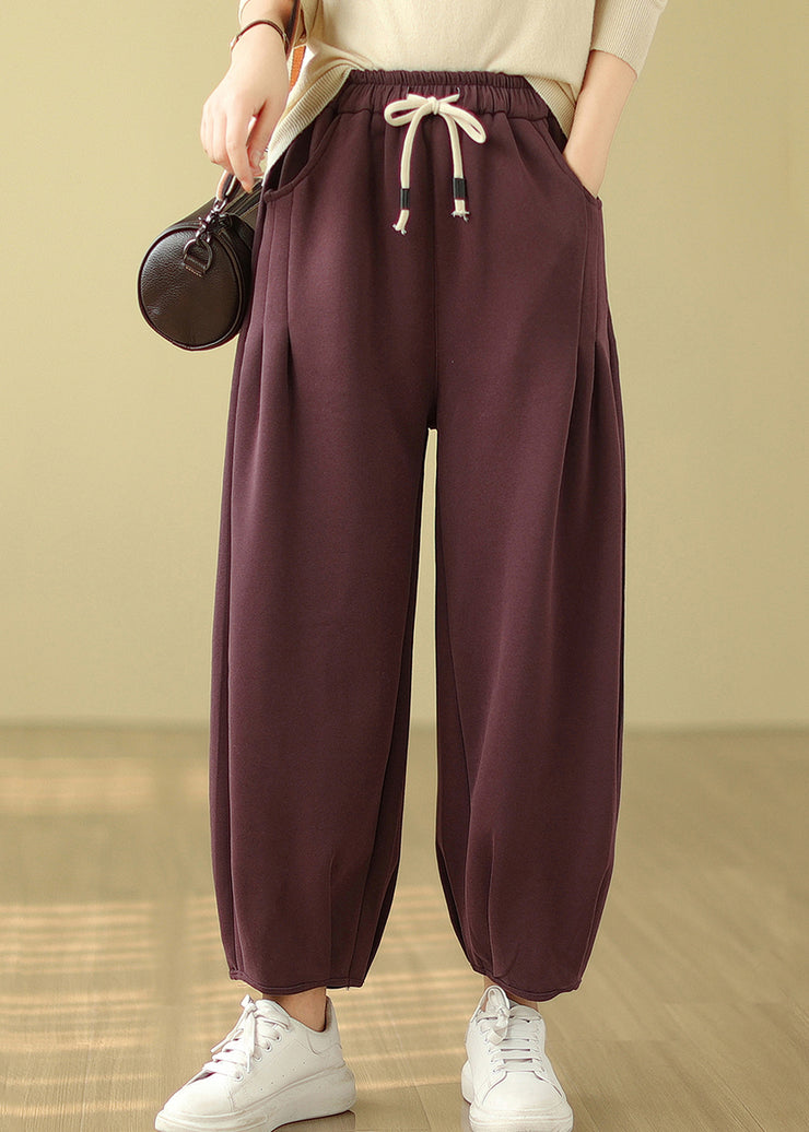 Purple Pockets Warm Fleece Pants Wrinkled Elastic Waist Winter