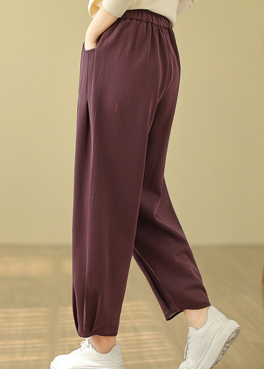 Purple Pockets Warm Fleece Pants Wrinkled Elastic Waist Winter
